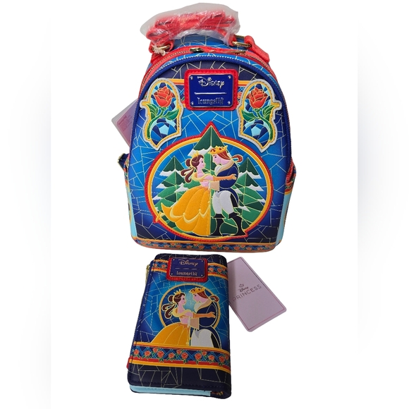 Loungefly Handbags - Loungefly Disney Belle Beauty Beast Stained Glass Winter Mini Backpack / Wallet
